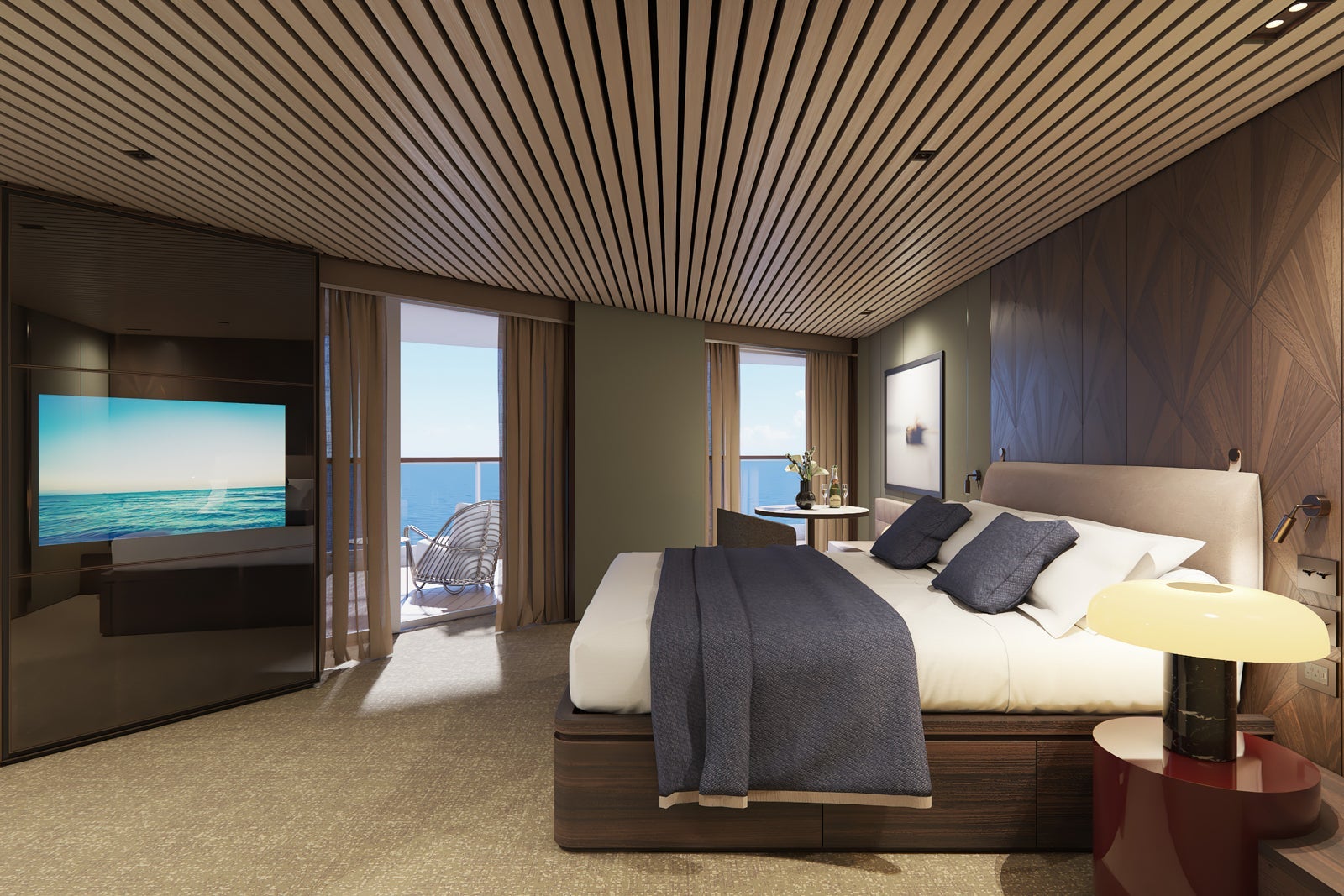A cruise ship suite with dark woods and neutral furnishings