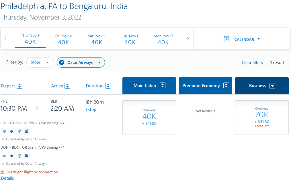PHL to BLR award space