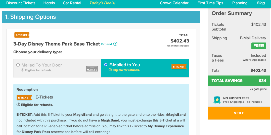 Screenshot of Disney ticket pricing from Undercover Tourist