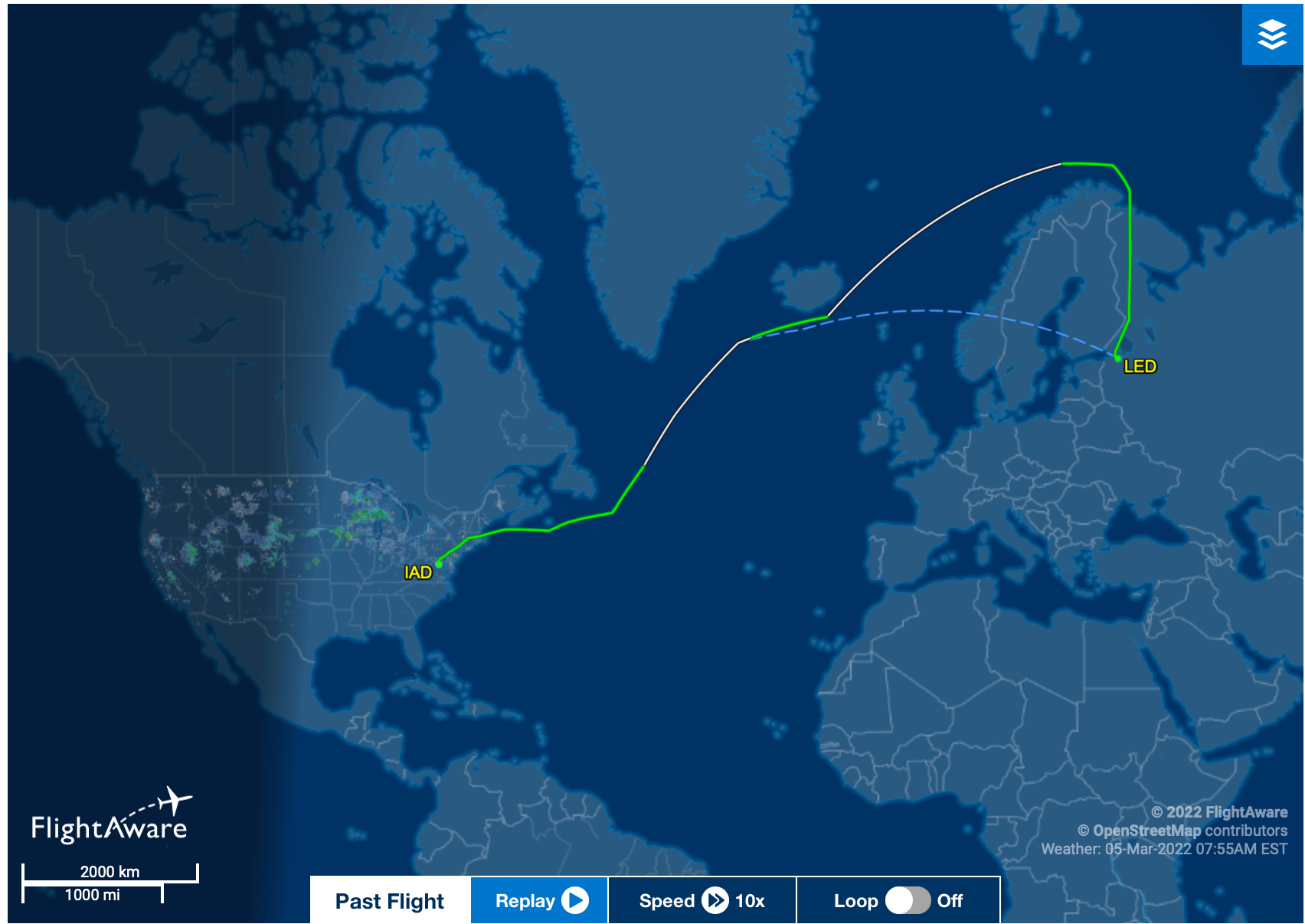 Flight path of Russian Ilyushin Il-96 jet. (Screenshot courtesy Flight Aware)