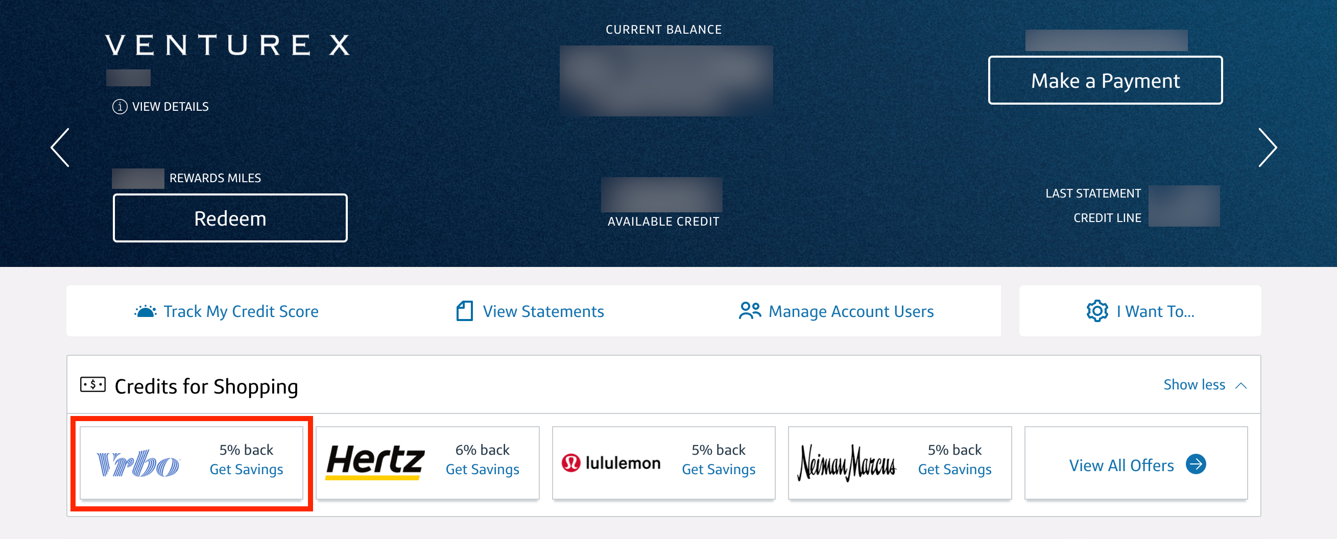 The online dashboard for the Capital One Venture X showing a 5% offer at VRBO