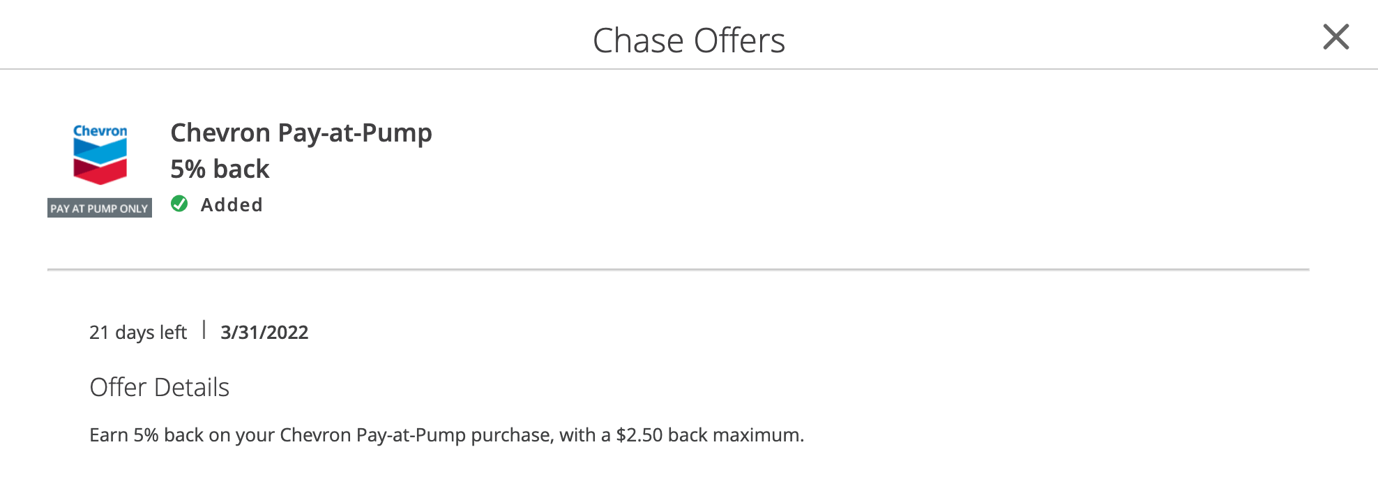 Screen shot of a Chase Offer for 5% back at Chevron