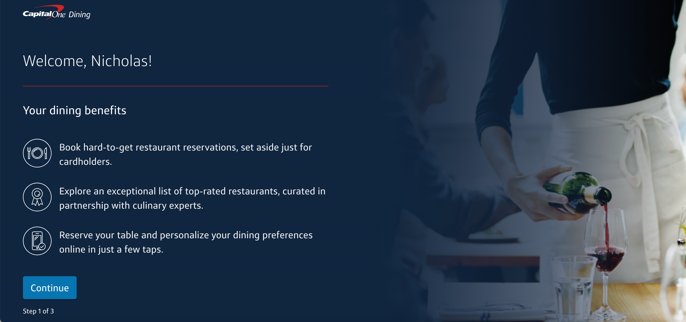 The first step in setting up your online profile with Capital One Dining