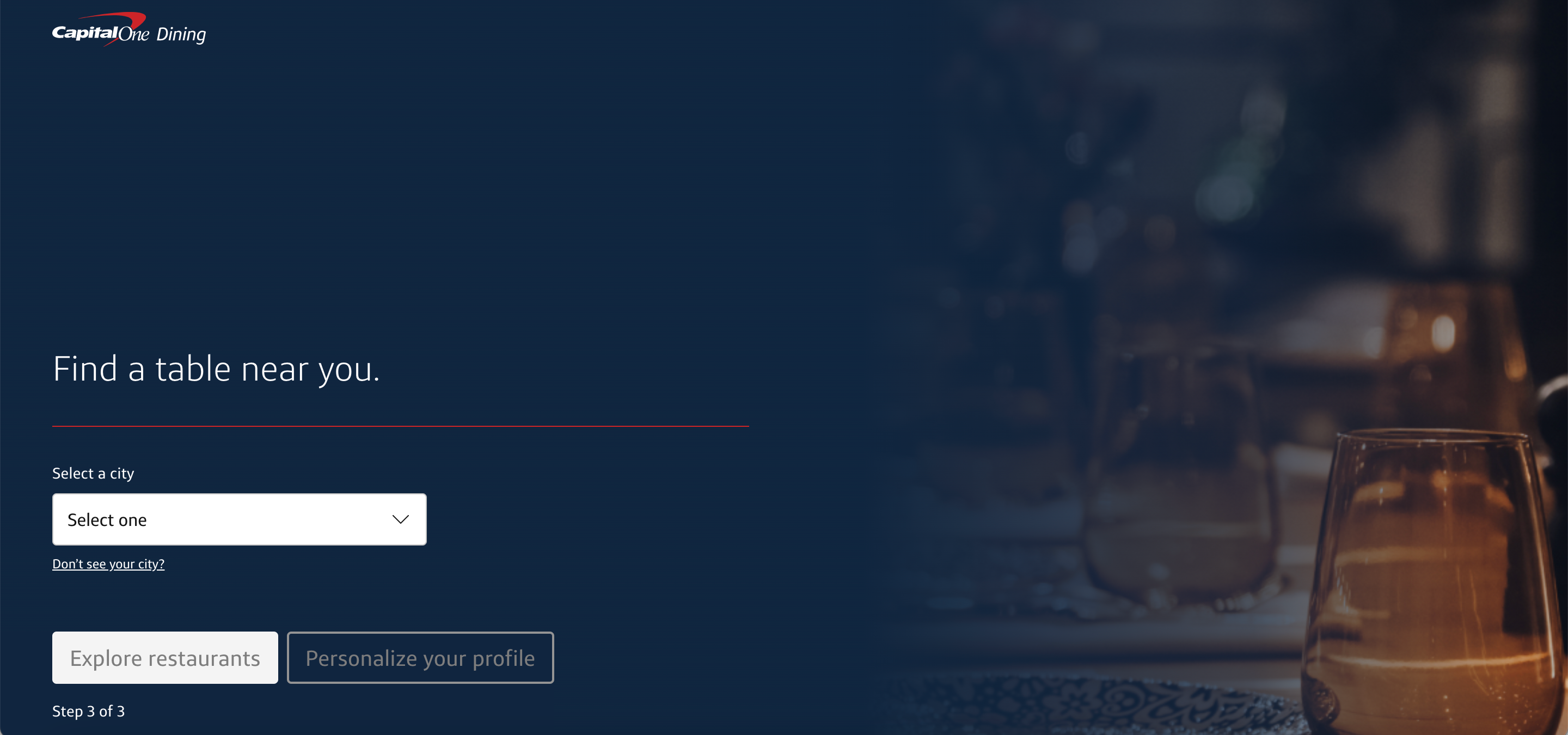The initial screen to search for restaurants on Capital One Dining
