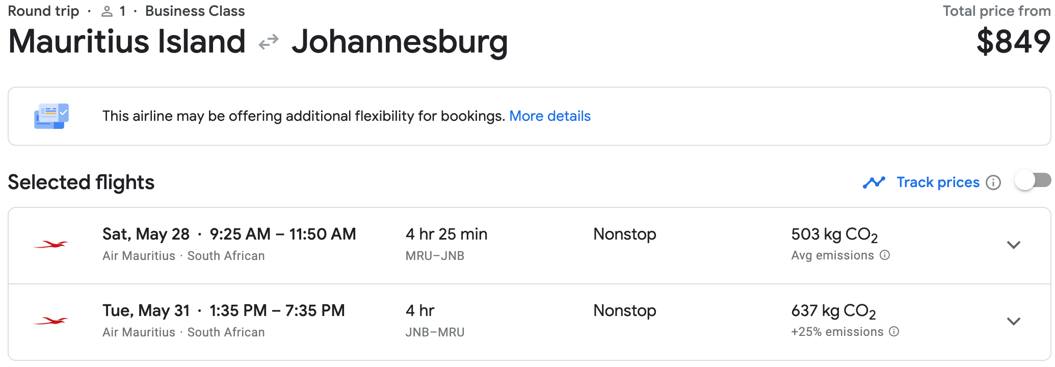 Booking a flight from MRU to JNB