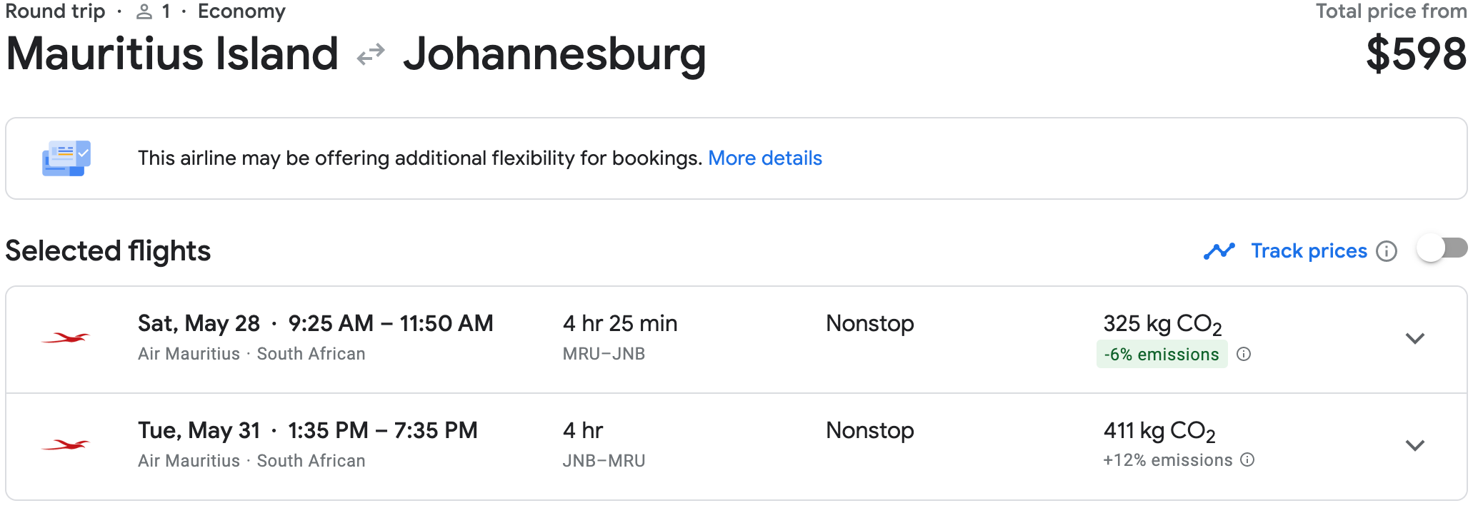 Booking a flight from MRU to JNB