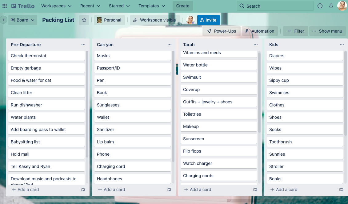 Screenshot of a Trello board used for a packing list