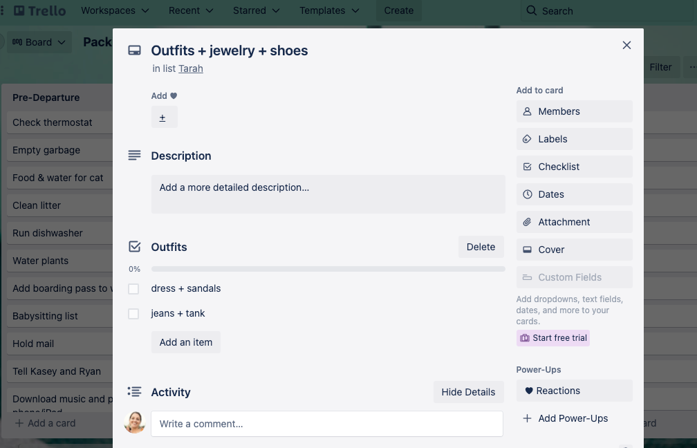 Screenshot of Trello checklist