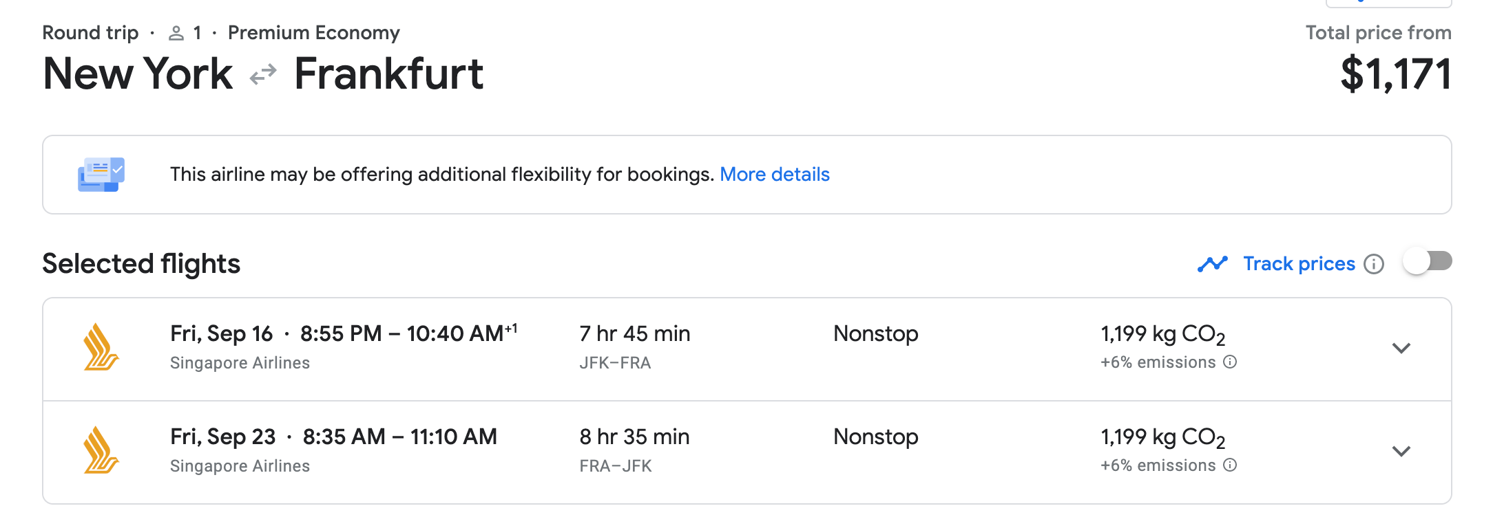 Deal on New York to Frankfurt flights. (Screenshot courtesy Google Flights)