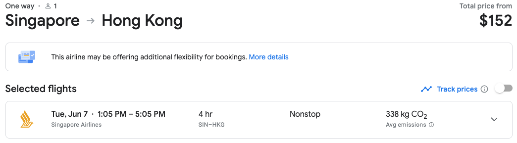 Booking a flight from Singapore (SIN) to Hong Kong (HKG)