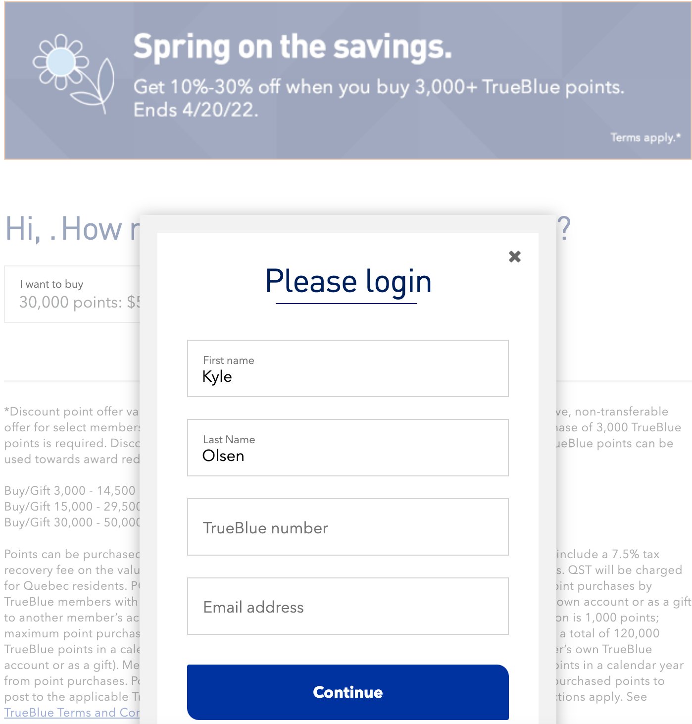 Logging into your TrueBlue account to buy points