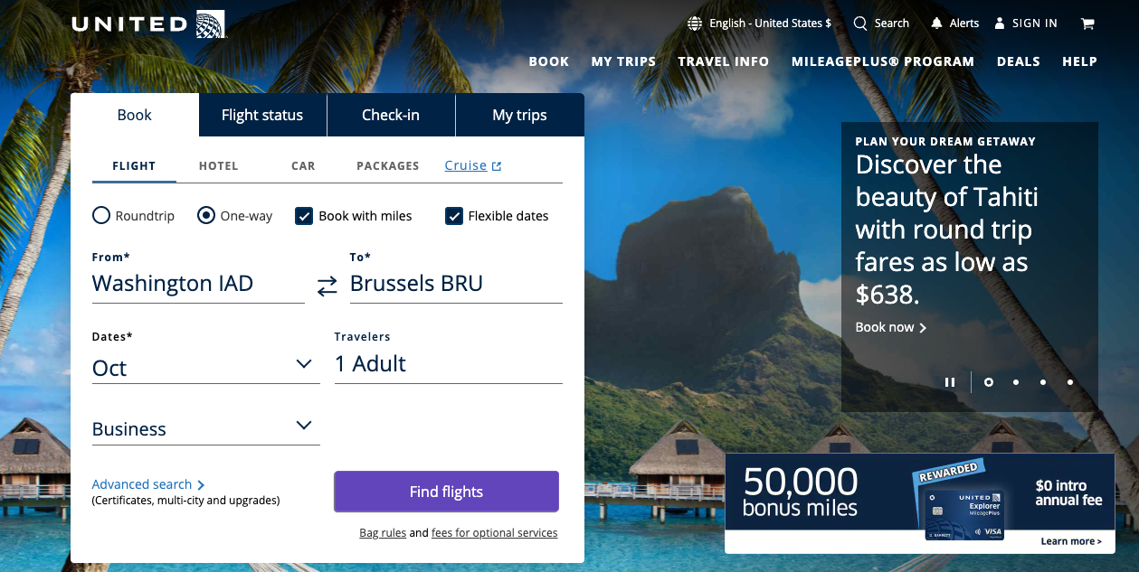 Searching for a ticket from IAD to BRU on United's website