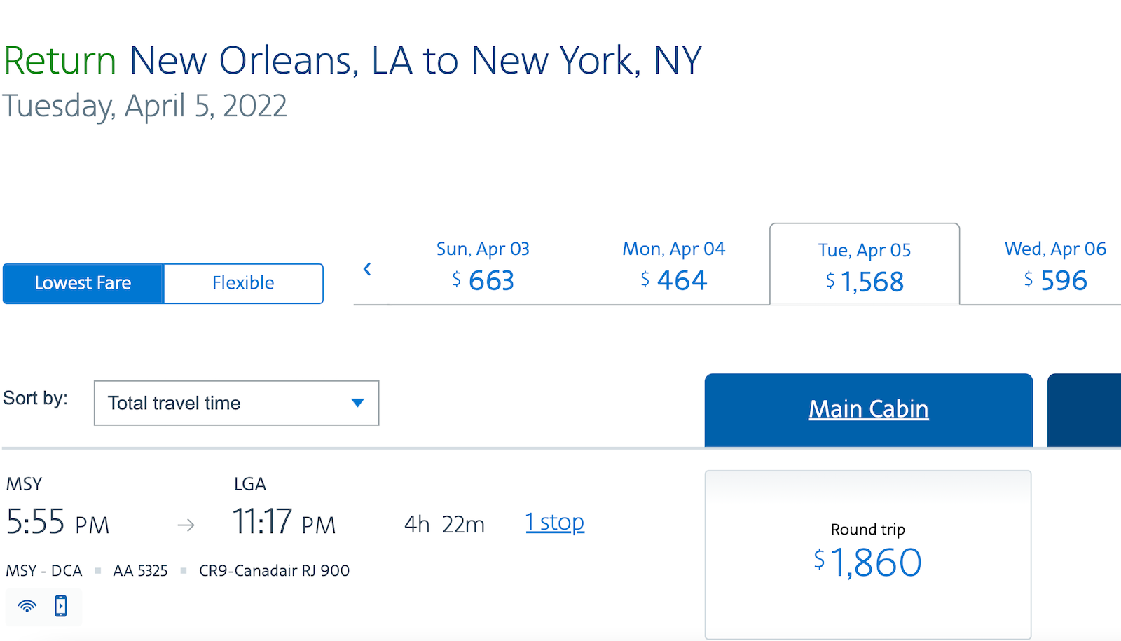 American Airlines booking screenshot