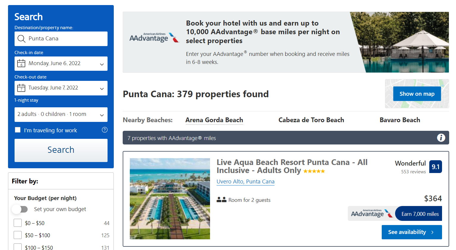American Airlines Hotels example in Punta Cana