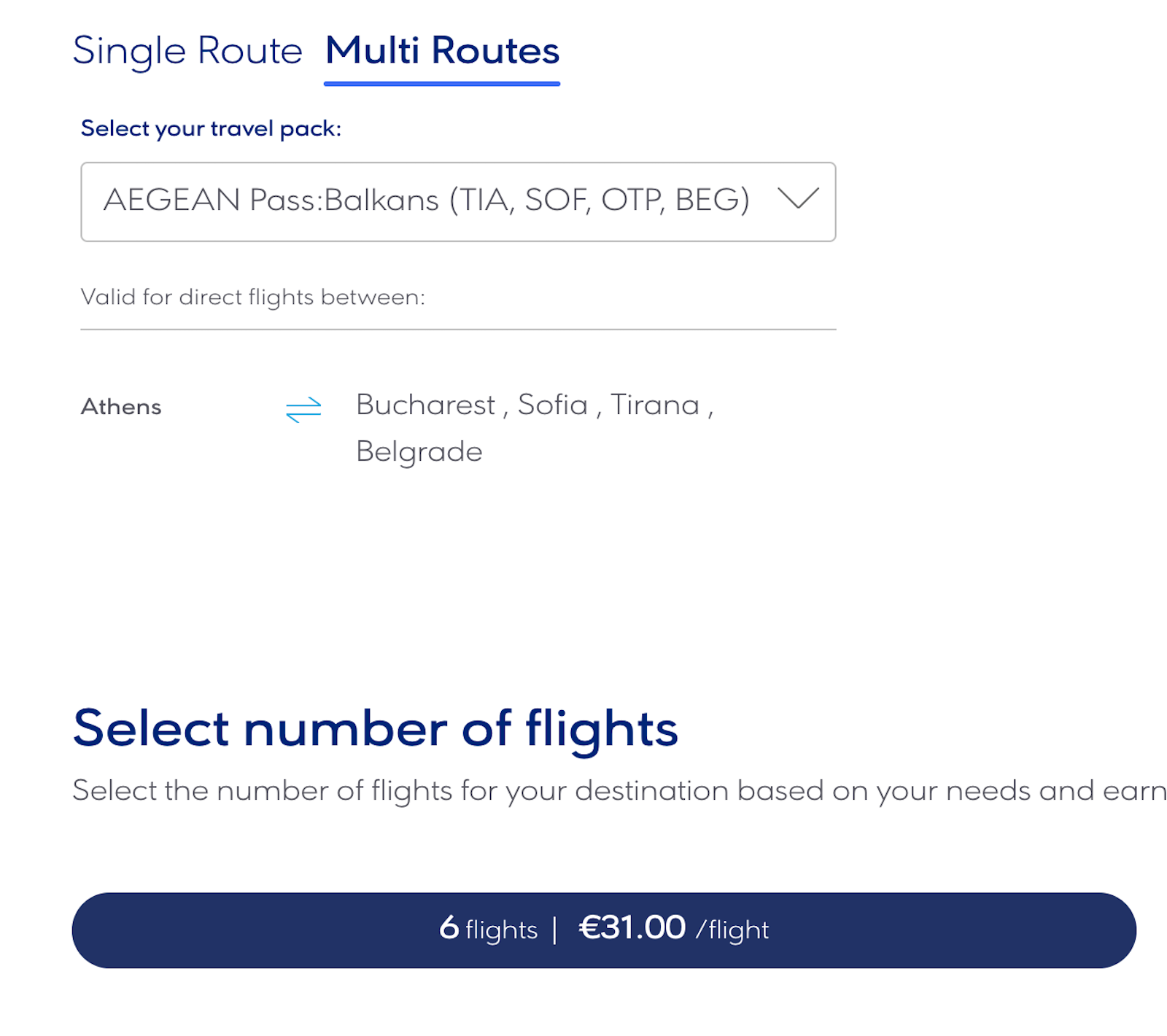 screenshot of Aegean airlines website