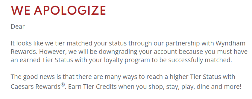 Caesars Rewards downgrade email