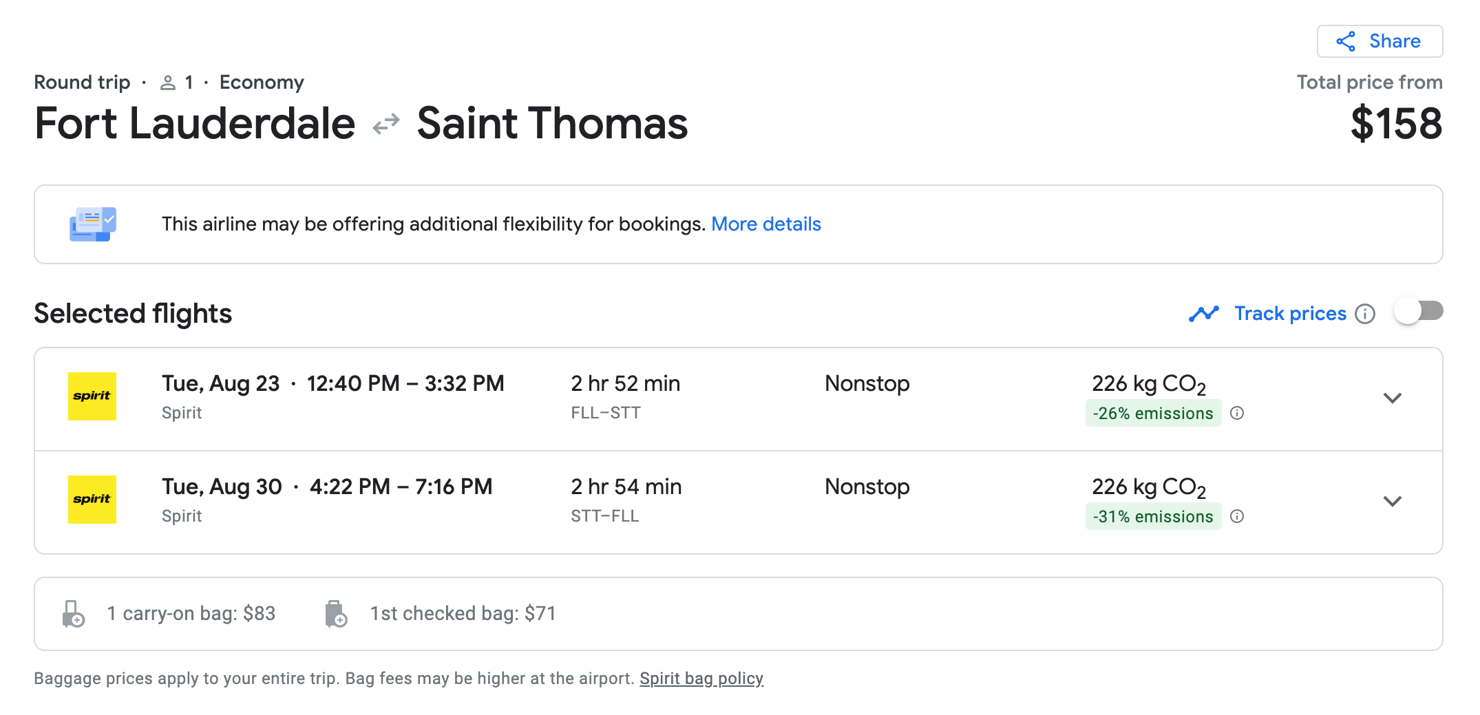 screenshot of Spirit airlines flight from FLL to STT