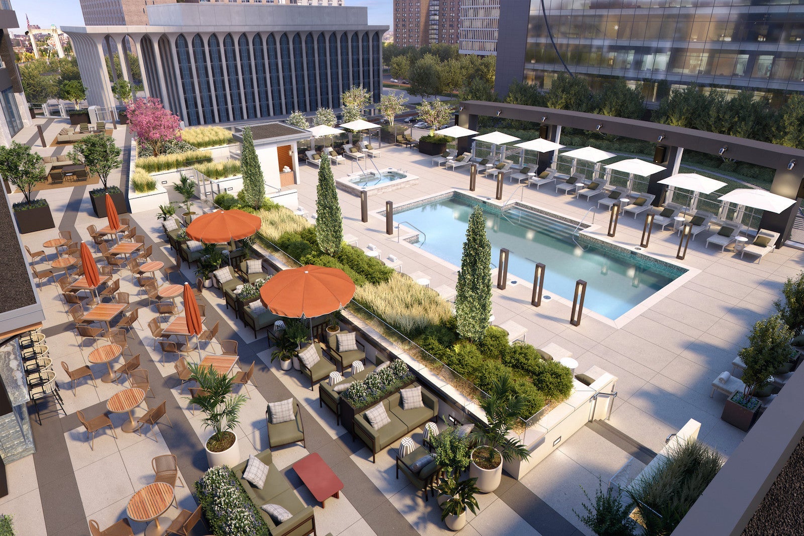 rendering of large hotel pool with cabanas, tables and chairs