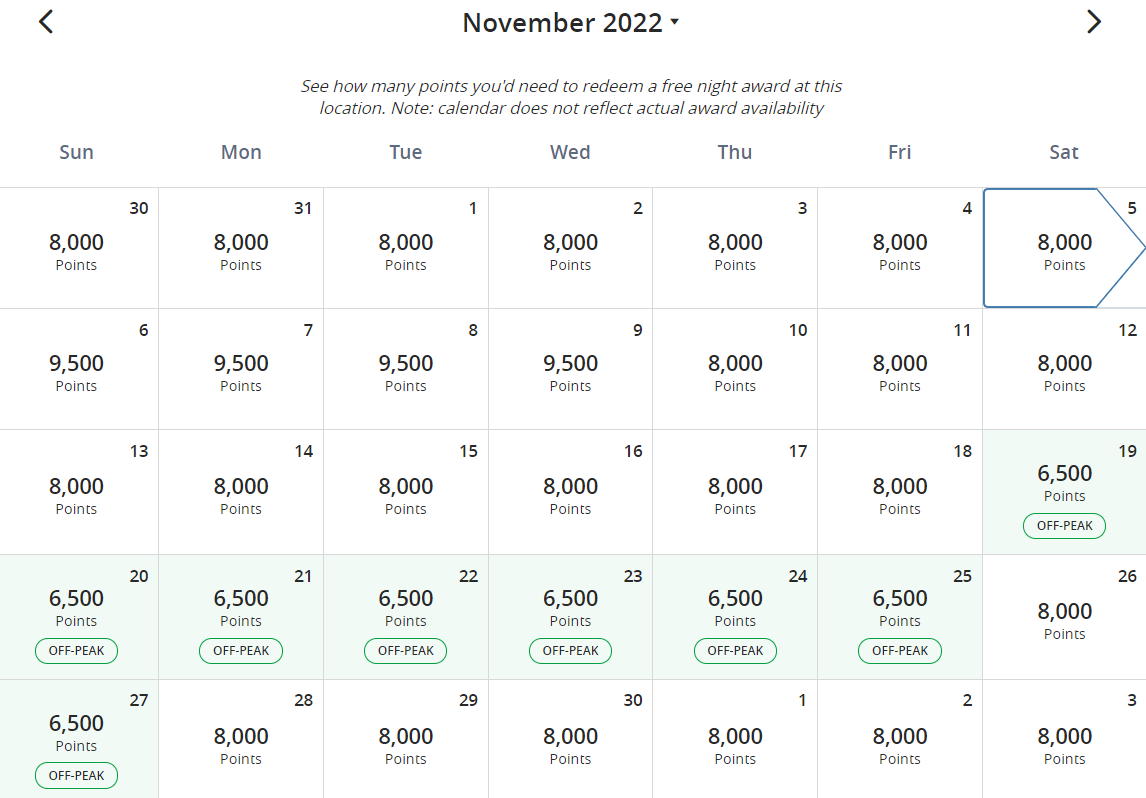 Hyatt award pricing calendar