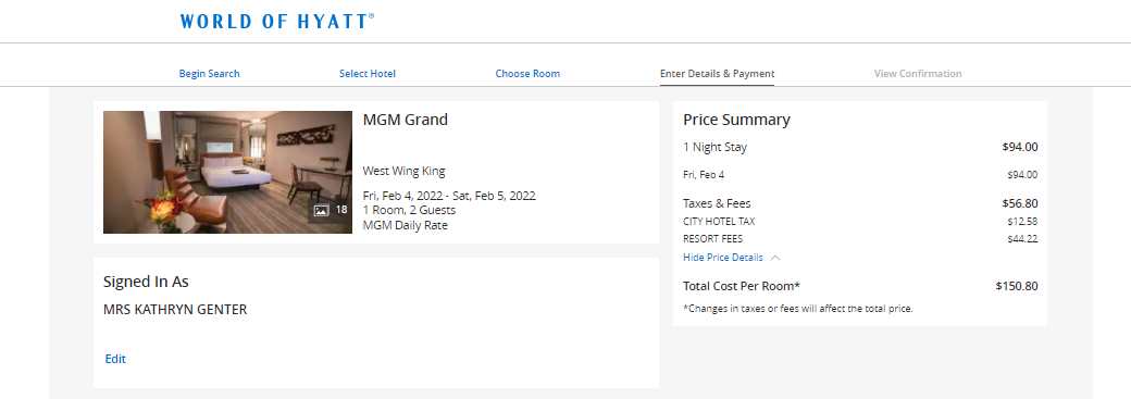 Booking a night at the MGM Grand through Hyatt