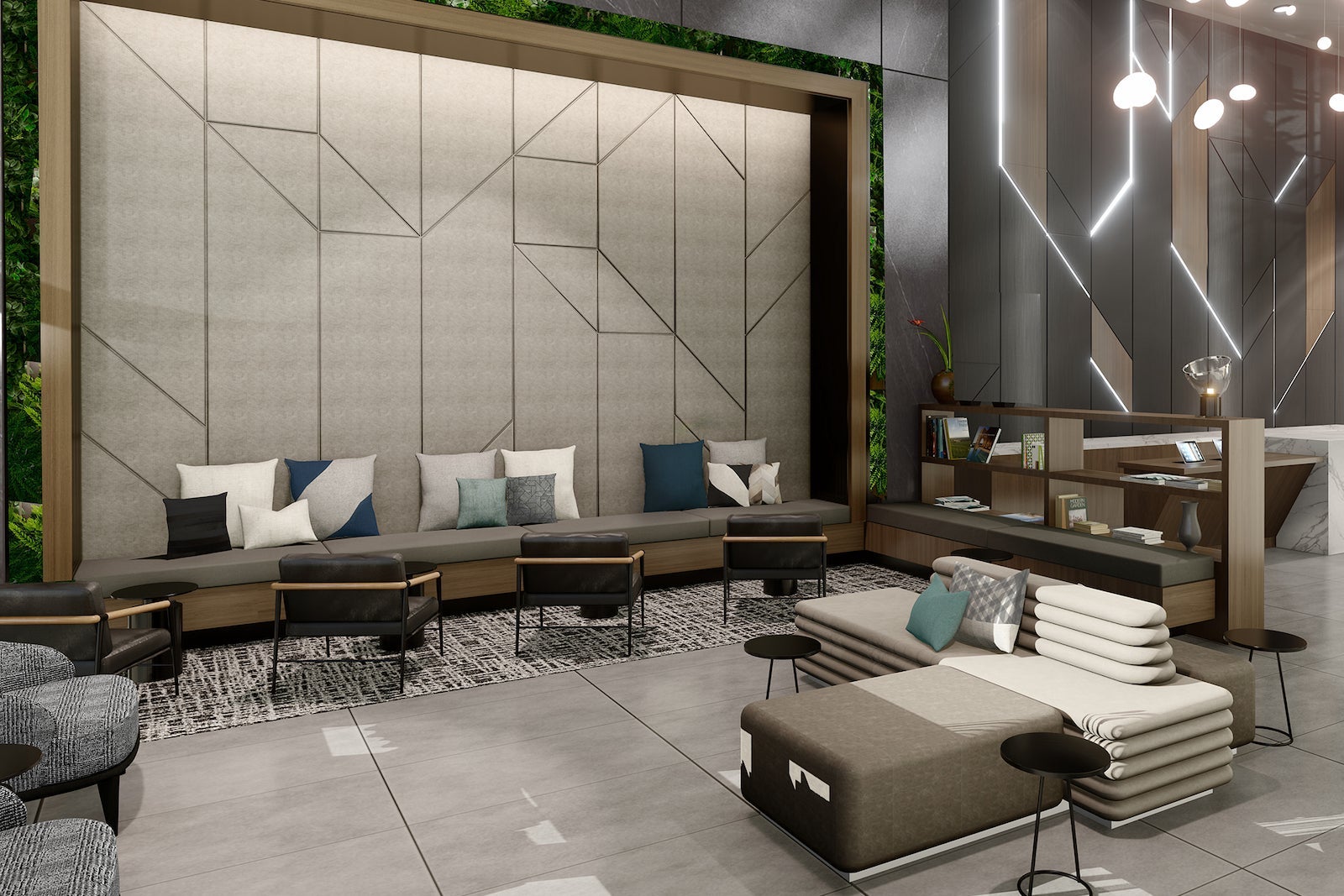 rendering of large hotel lobby with seats