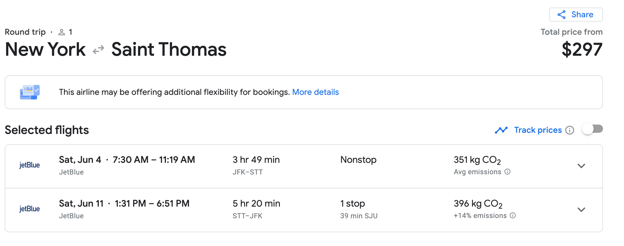 Screenshot of an itinerary on JetBlue to St. Thomas