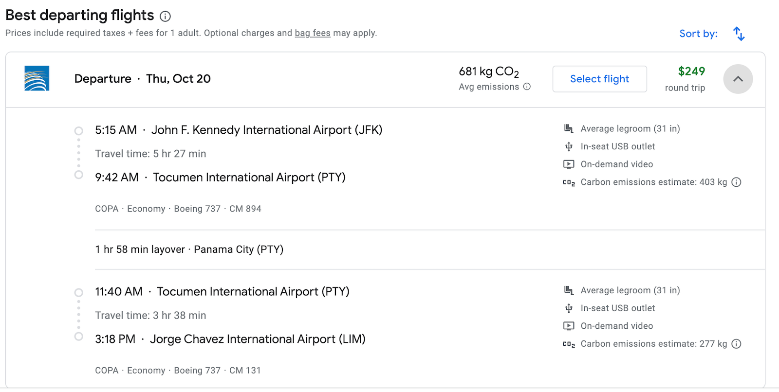 JFK to LIM booking screenshot