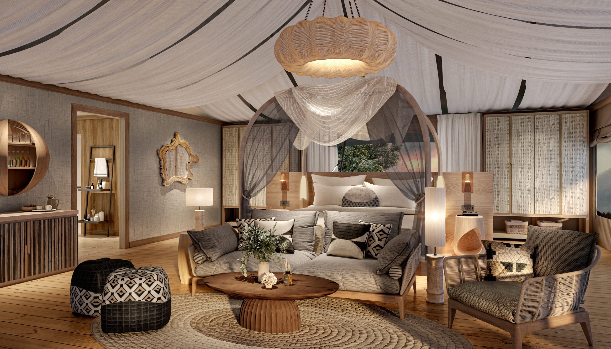 rendering of tented hotel room with canopy bed, couch in front, draped white ceiling fabric and rug