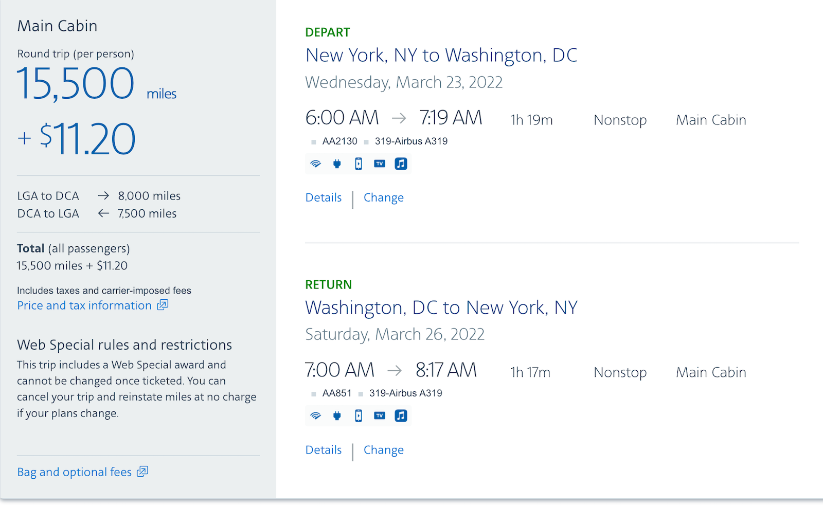screenshot of flight booking from LGA to DCA