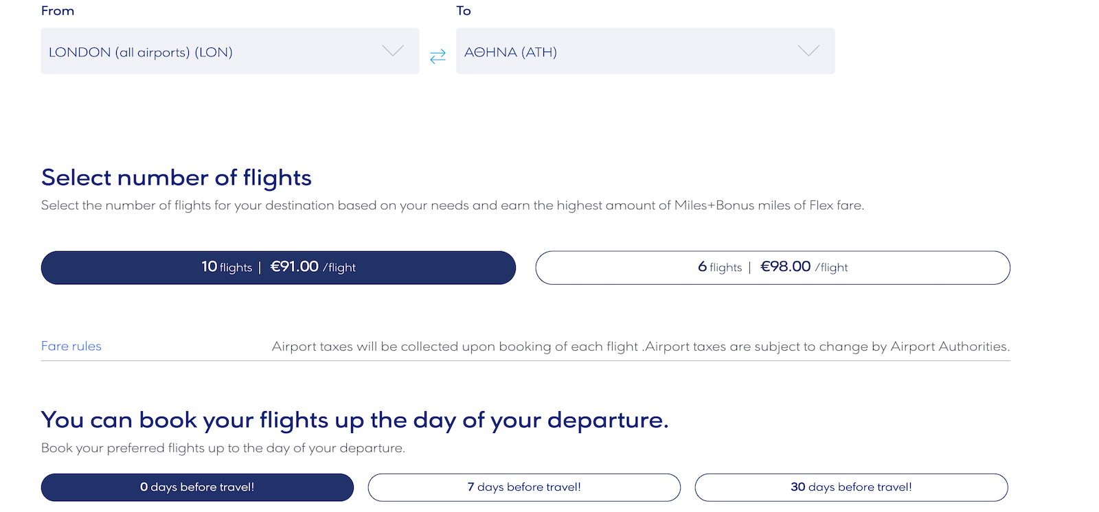 screenshot of Aegean airlines booking