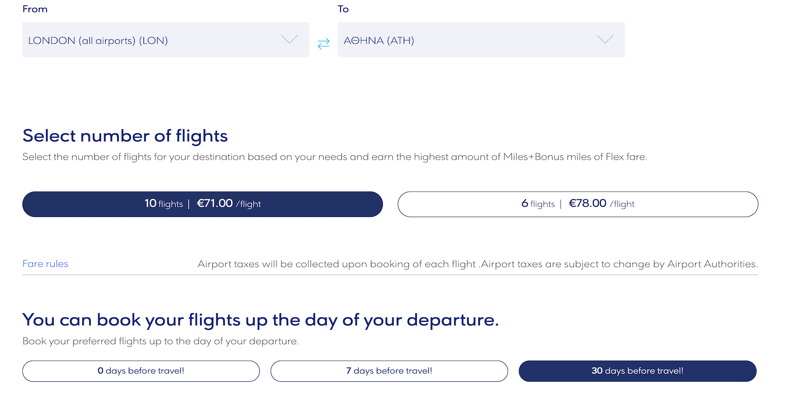 screenshot of Aegean airlines bolking