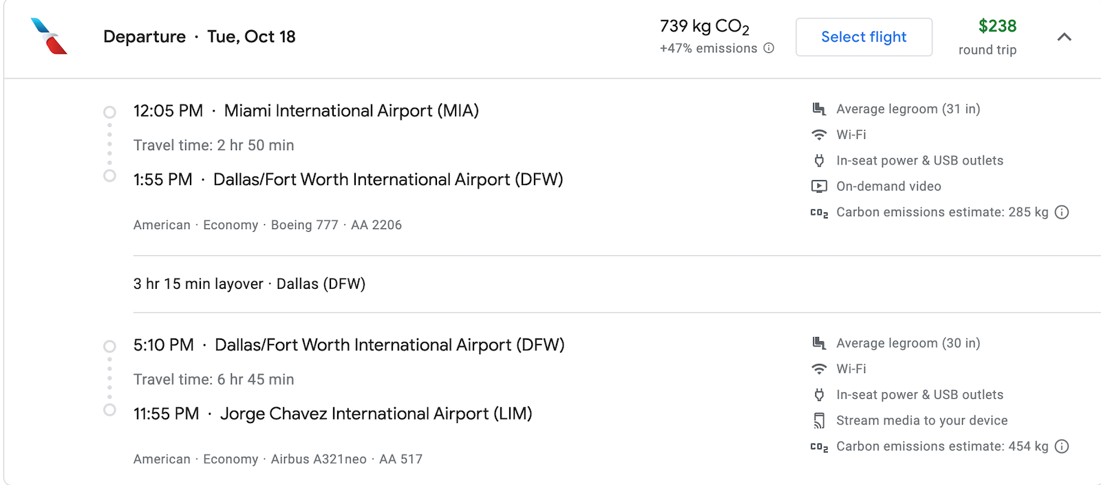 MIA to LIM booking screenshot