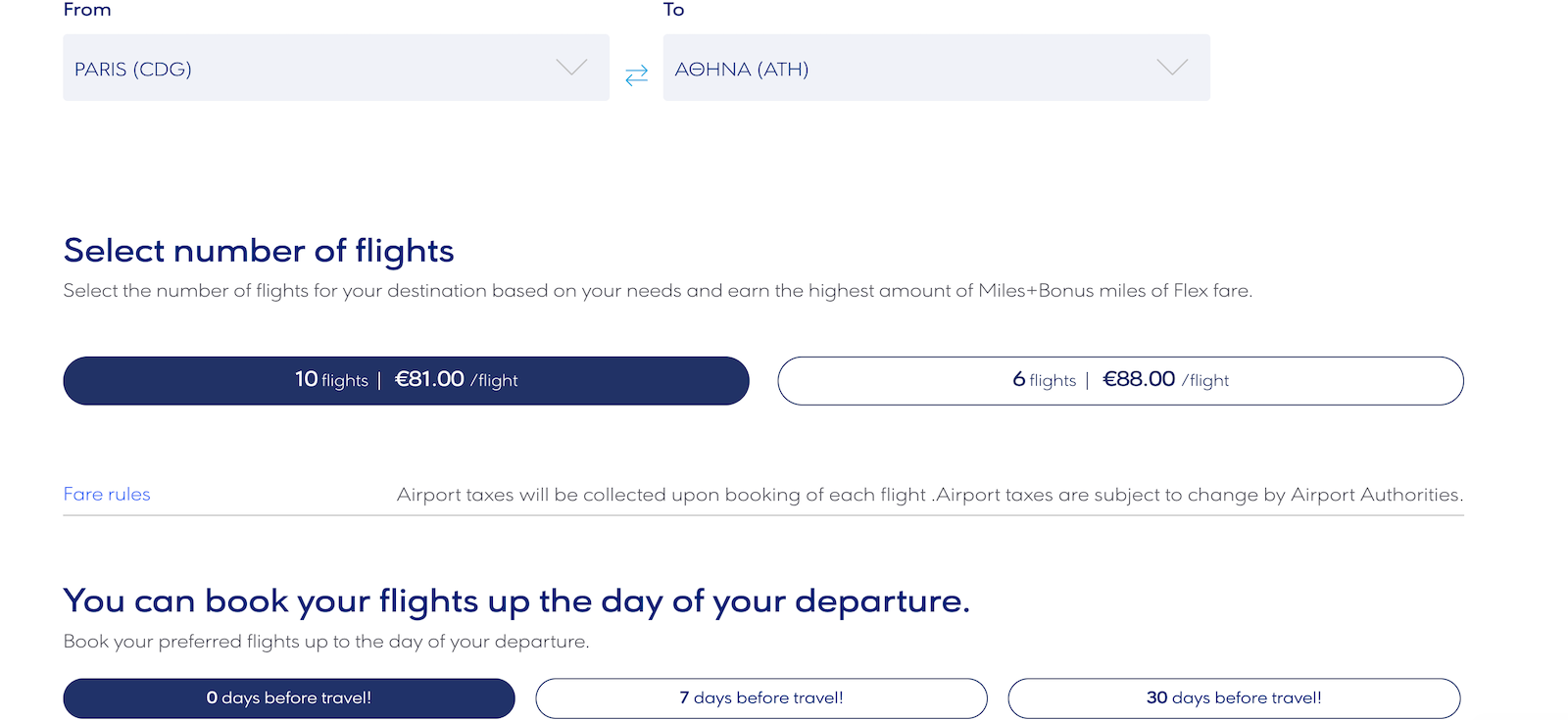 screenshot of Aegean airlines booking