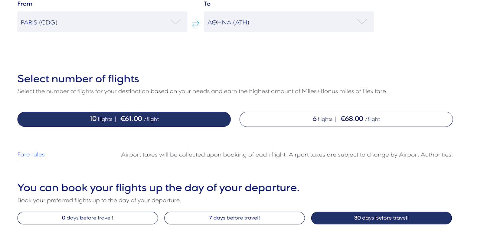 screenshot of Aegean airlines booking