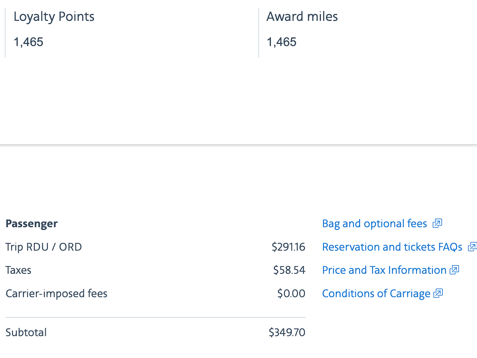 screenshot of trip between RDU and ORD