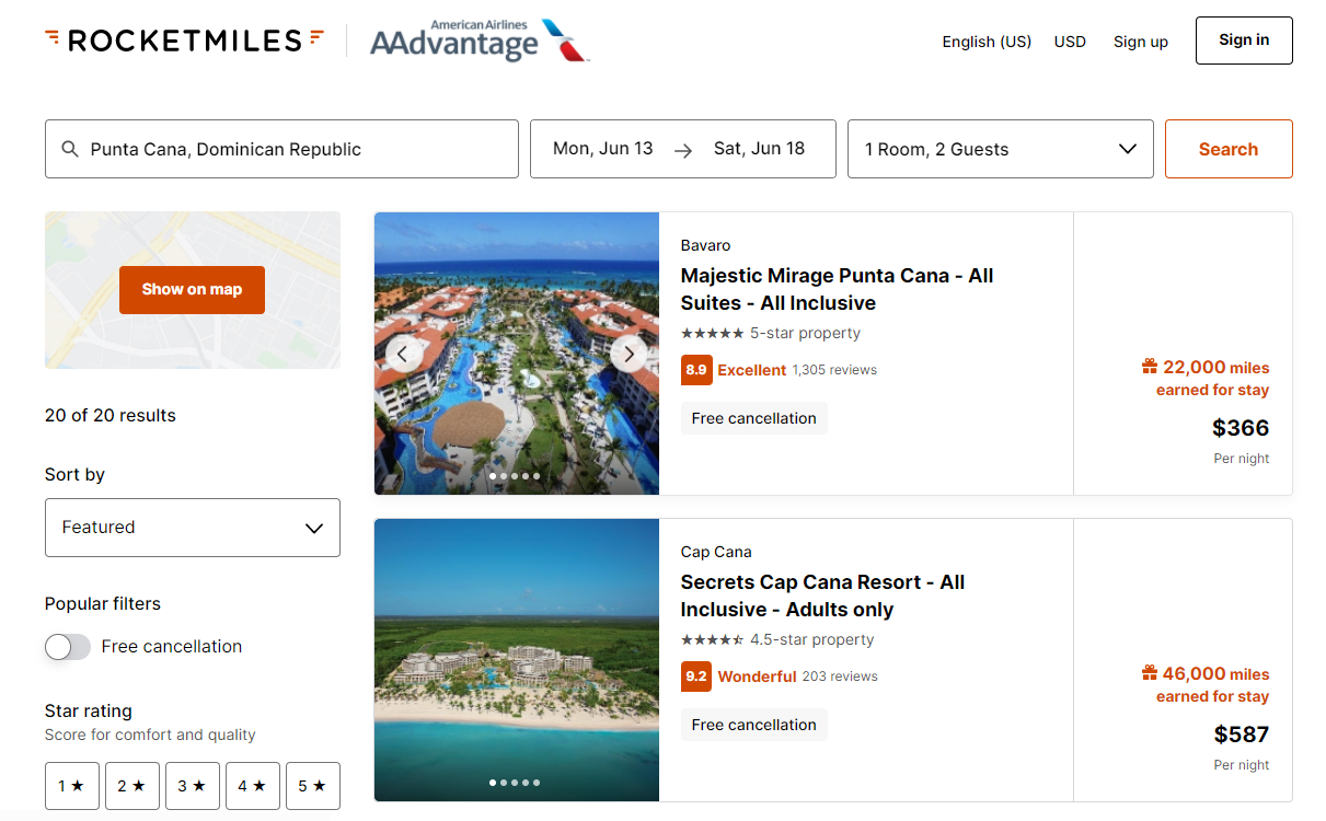 Rocketmiles example in Punta Cana