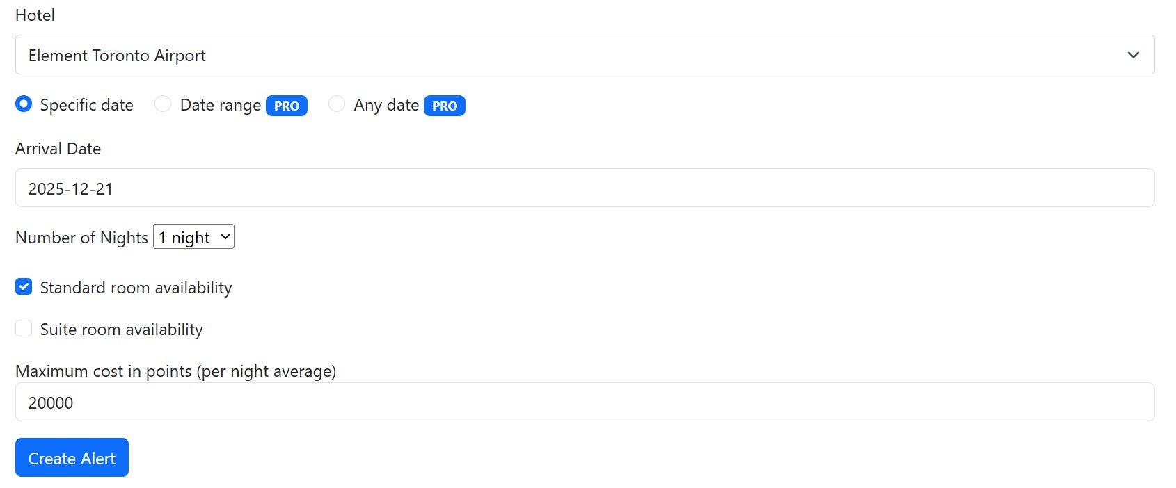 Setting up a Rooms.aero points alert