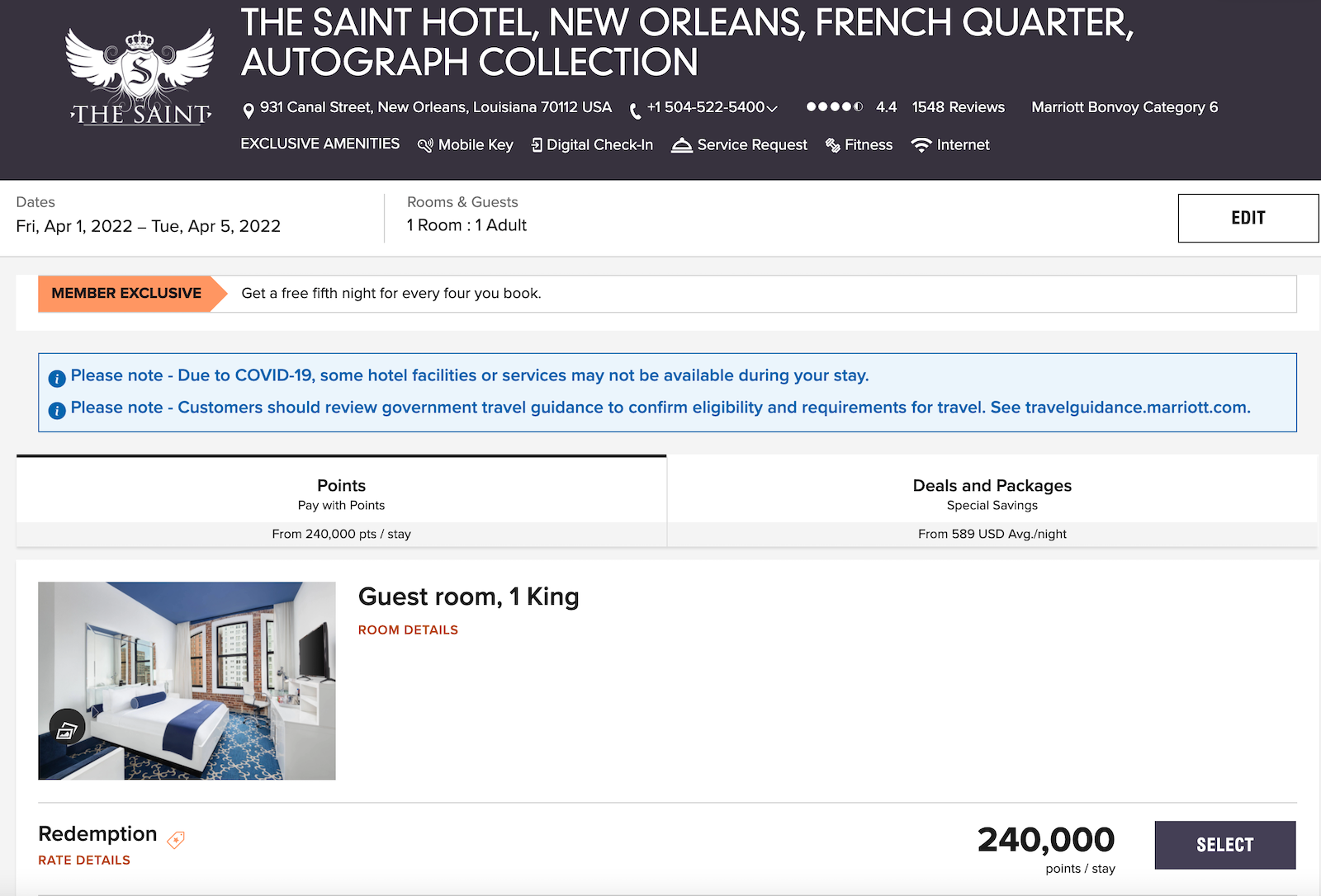 screenshot of Marriott booking