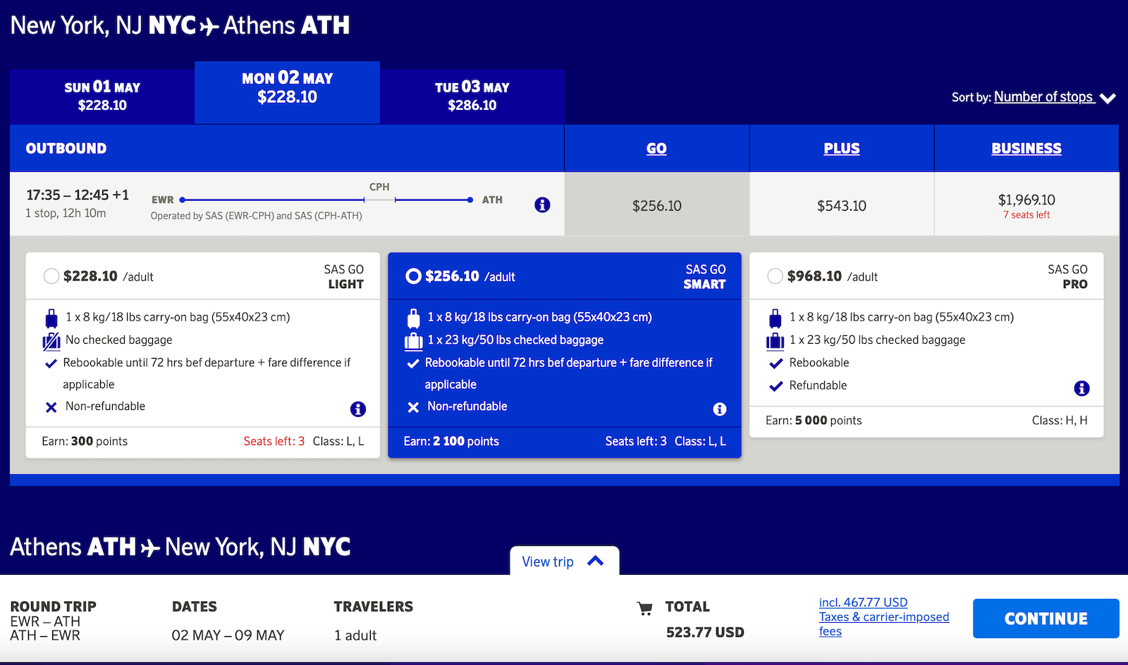 screenshot of SAS booking