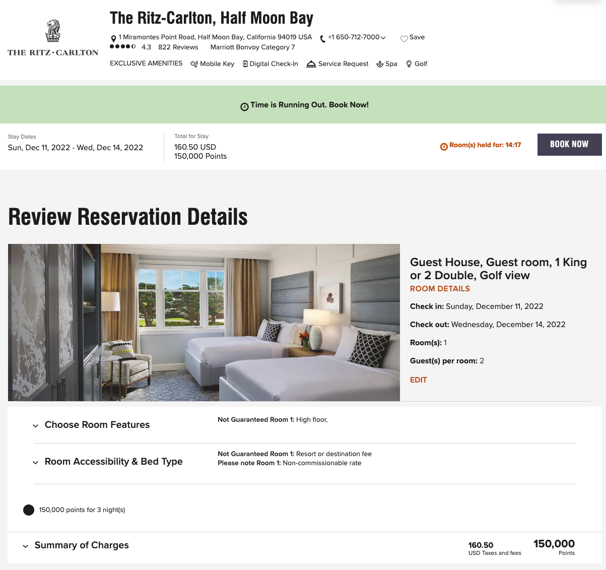 Screenshot of The Ritz-Carlton, Half Moon Bay reservation