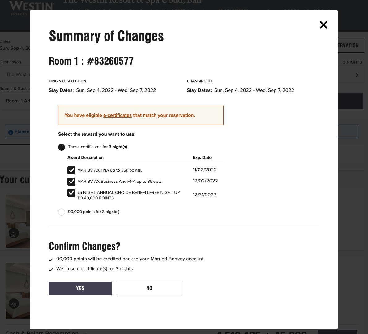 Screenshot of switching payment method from points to certificates