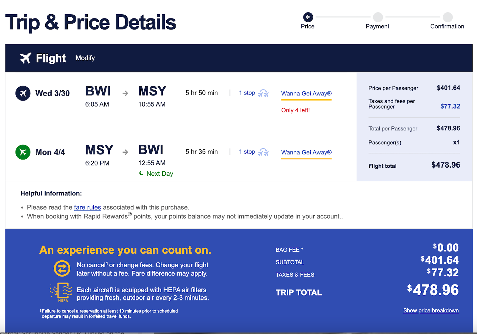 screenshot of southwest airlines booking