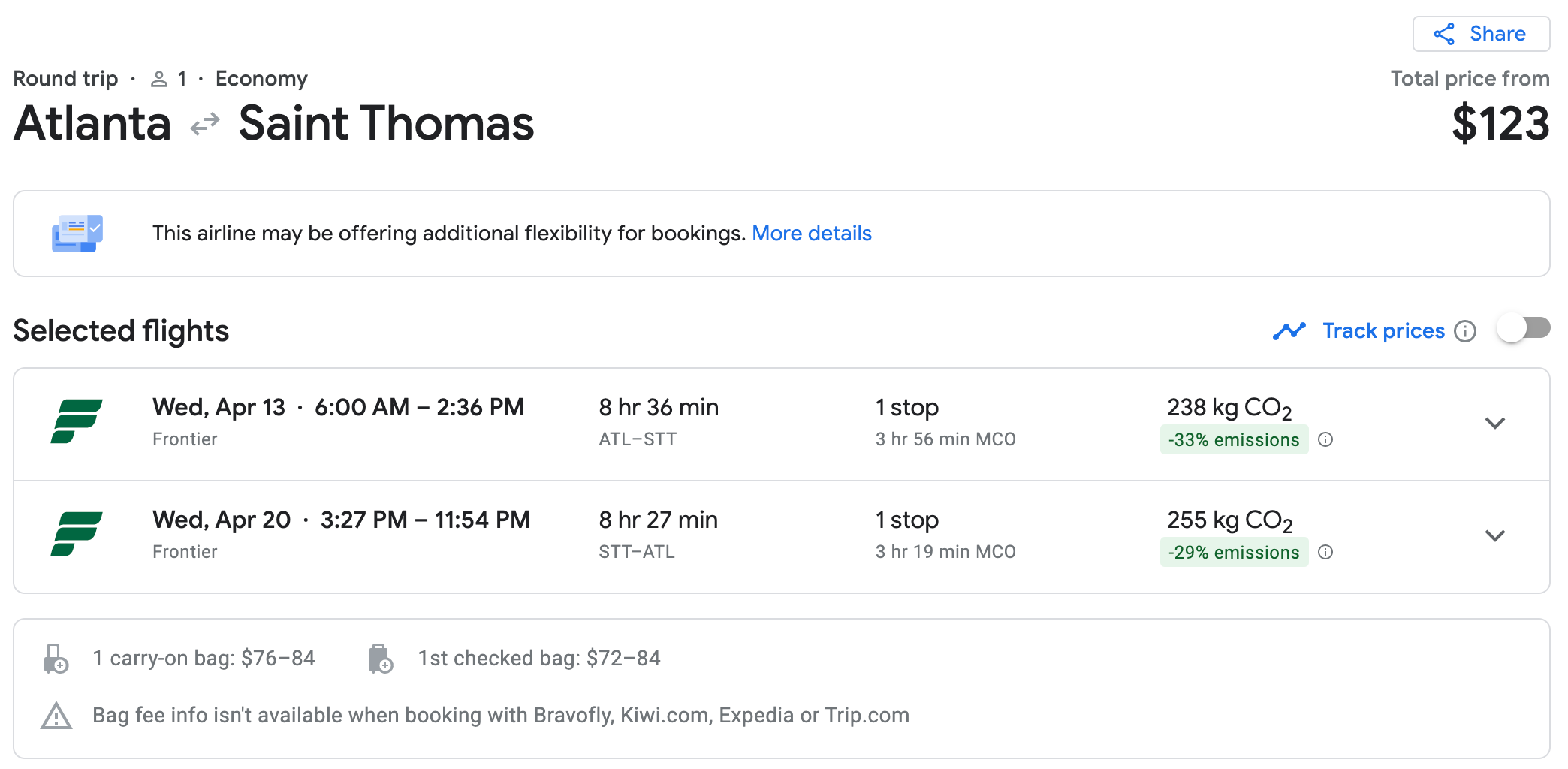screenshot of Spirit Airlines flight from Atlanta to St. Thomas