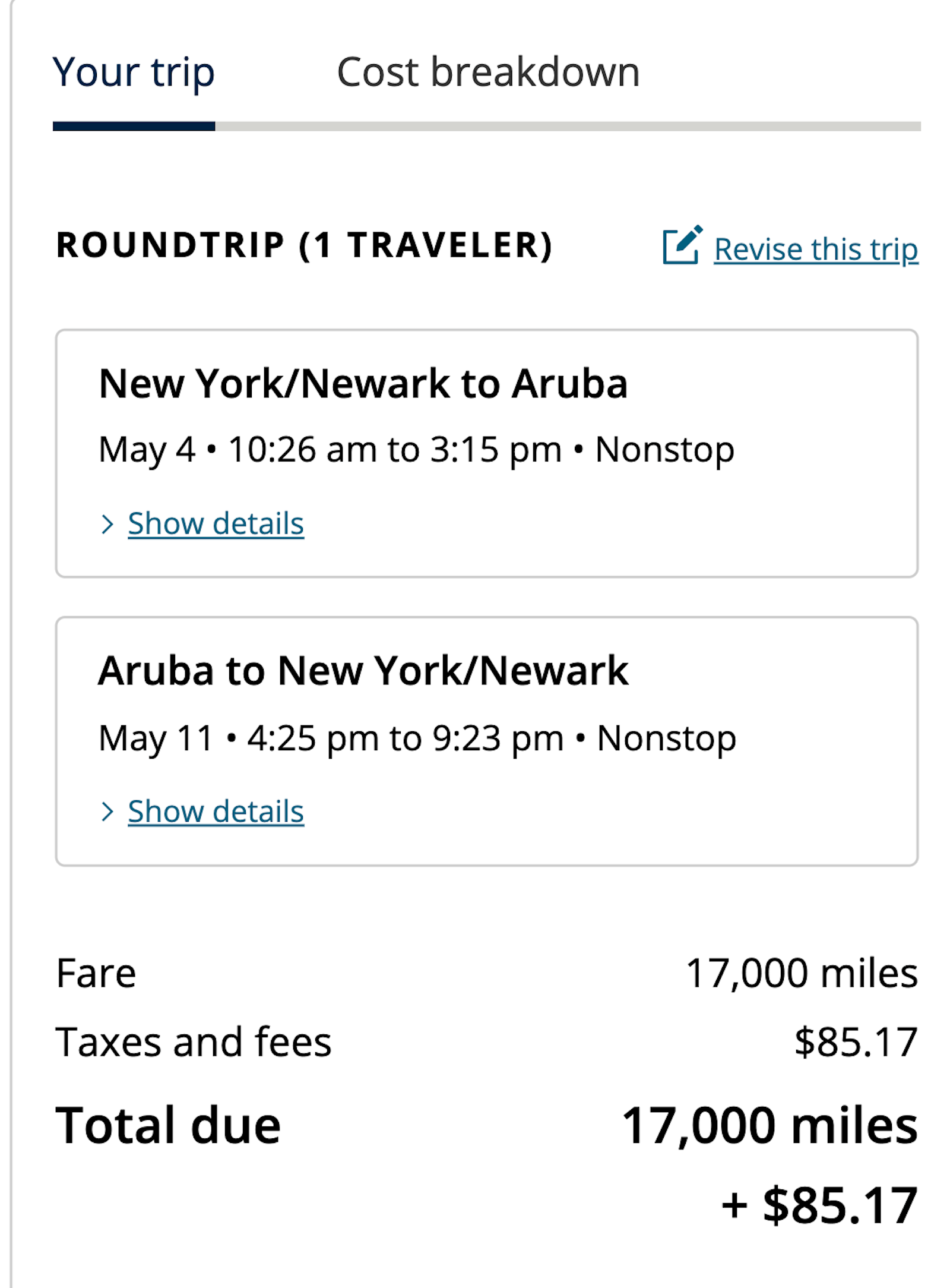screenshot of a United Airlines round trip booking to Aruba