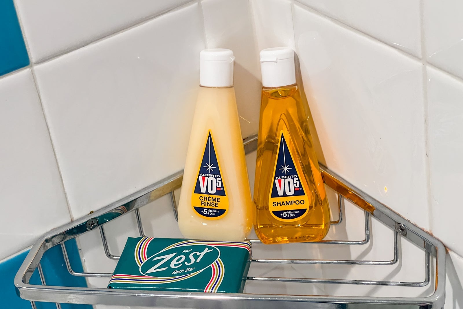 VO5 shampoo and conditioner plus a Zest bar of soap in the shower.