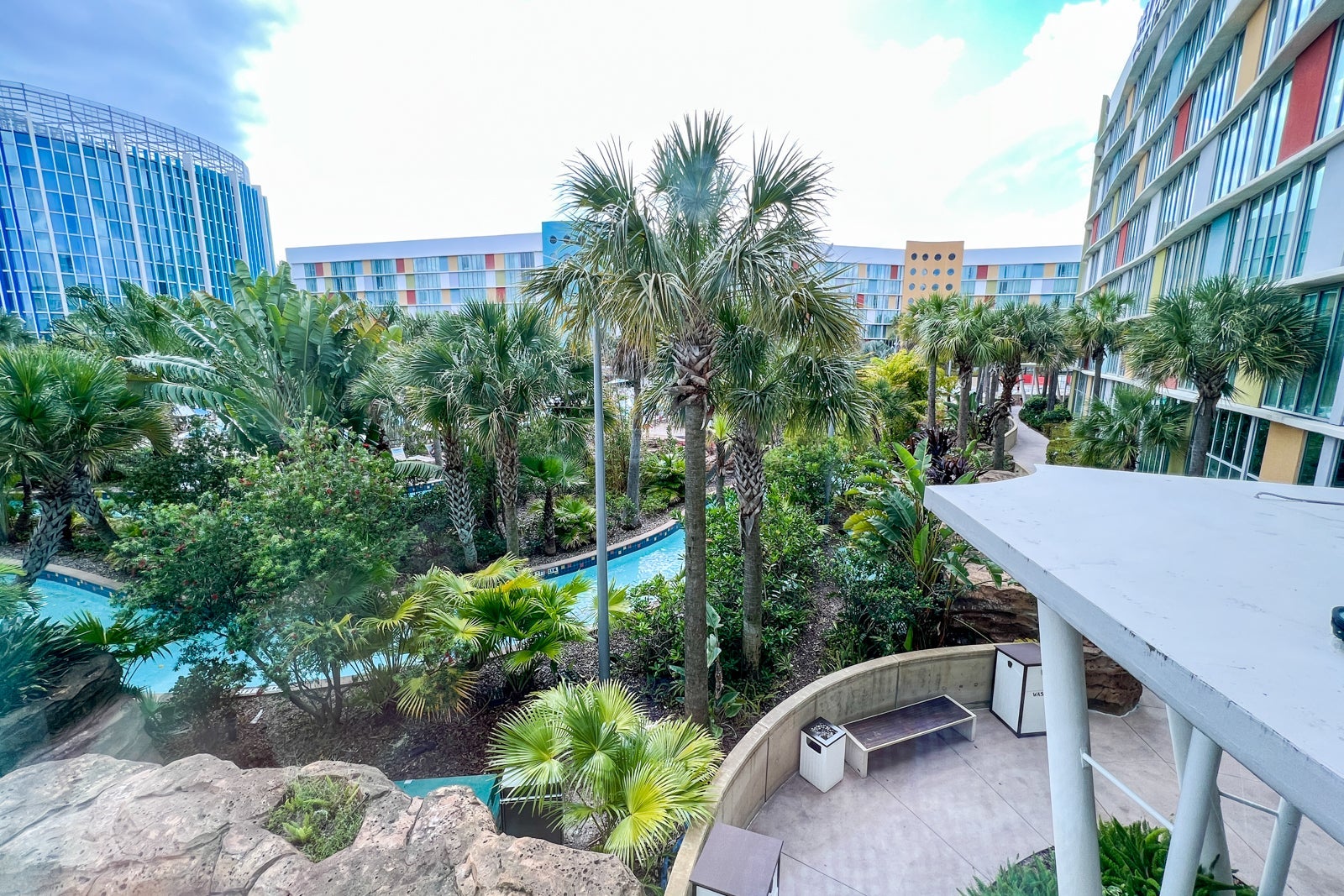 Palm trees and the hotel's lazy river.