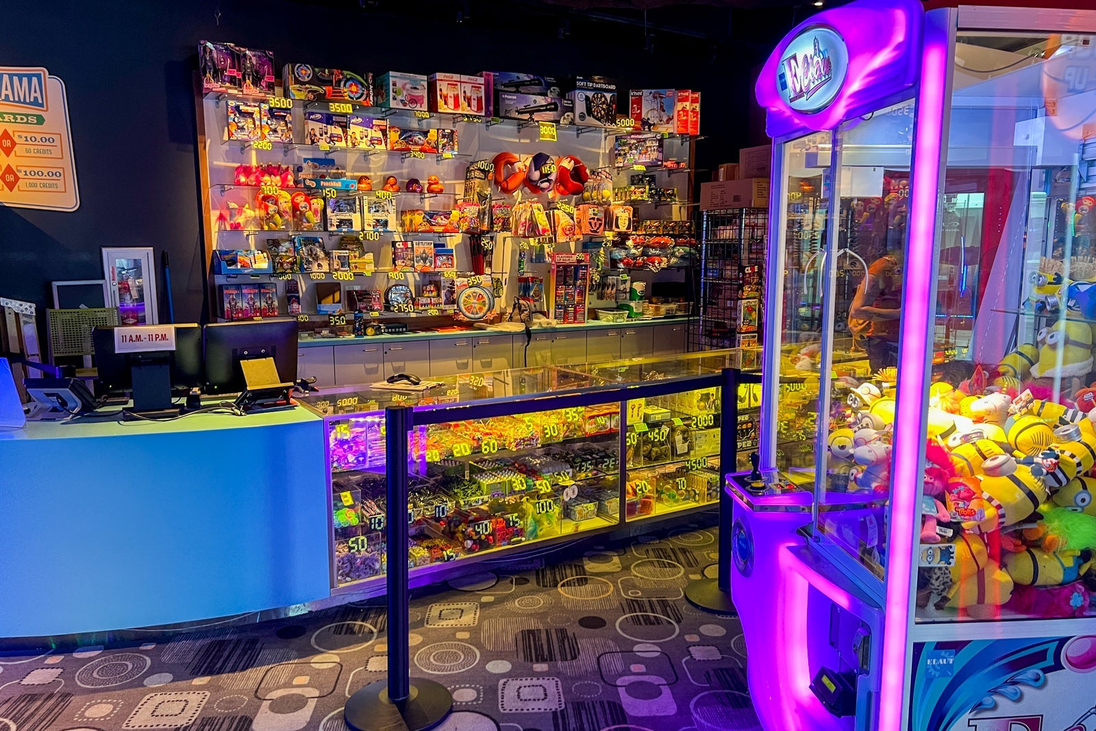 A wall of prizes at the hotel's arcade.