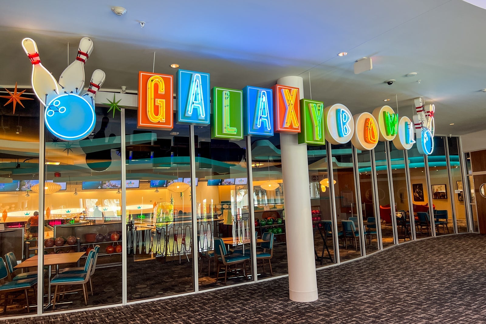 The entrance to the hotel's bowling alley.