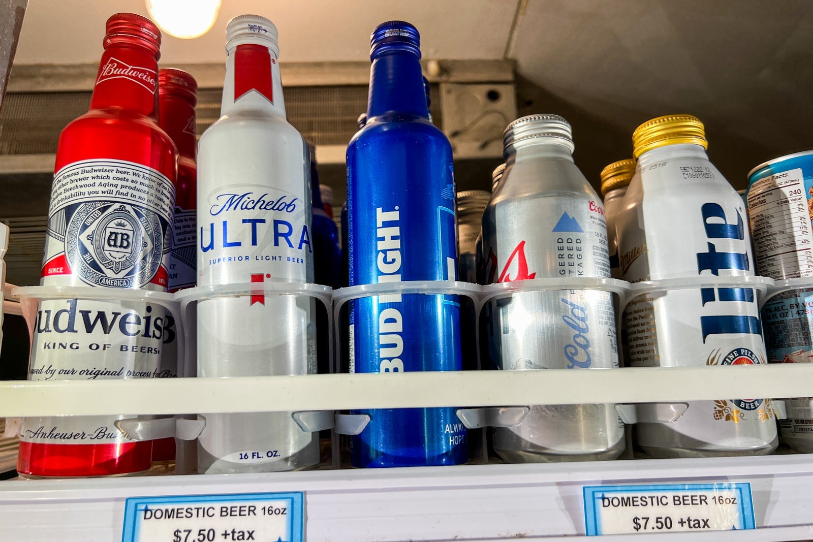 Domestic beers in the fridge for $7.50, plus tax.