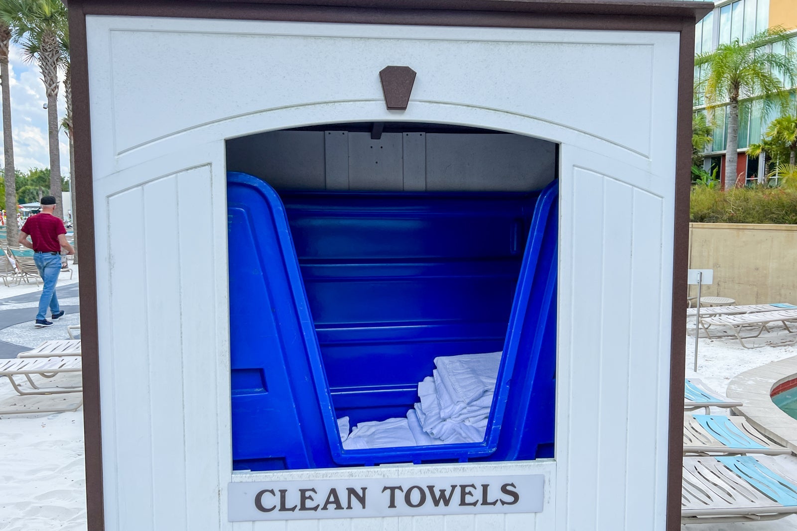 A bin with clean pool towels.